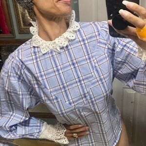 English Factory plaid peasant puff sleeve eyelet elastic M blue